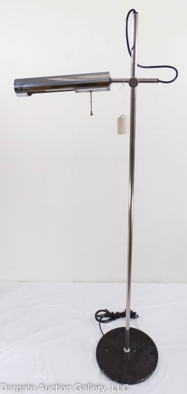 1960s ITALY CHROME ARTLUCE FLOOR LAMP BY SARFATTI: A chrome Artluce floor lamp by designer Gino Sarfatti. Has a round base painted black. Adjustable arm marked on stainless cylinder that housed bulb. Made in Italy. Marked on cast iron bottom [CI-5541]