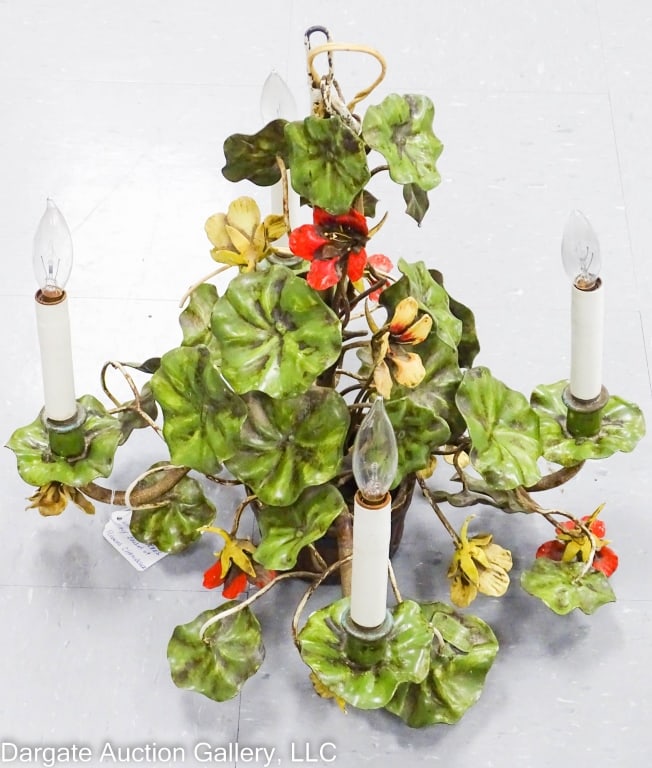 VINTAGE TOLE FLORAL 4-LIGHT CHANDELIER: c1960's / Tole basket of flowers four light chandelier, signed [WALTER HATCHES CO, ITALY] metal tag on leaf / Measures: 16"H x 18" diameter / Condition: Wear appropriate with age and use, needs cleane