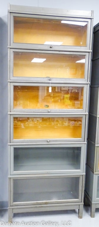 6-STACK HALE BARRISTER BOOKCASE: 6 stacking section Barrister bookcase made by Hale Co Herkimer NY with base & top / wooden knobs, (4) 12"H sections and (2) 13"H sections / Measures: 91"H x 34"W x 11.25"D / Condition: Good overall us