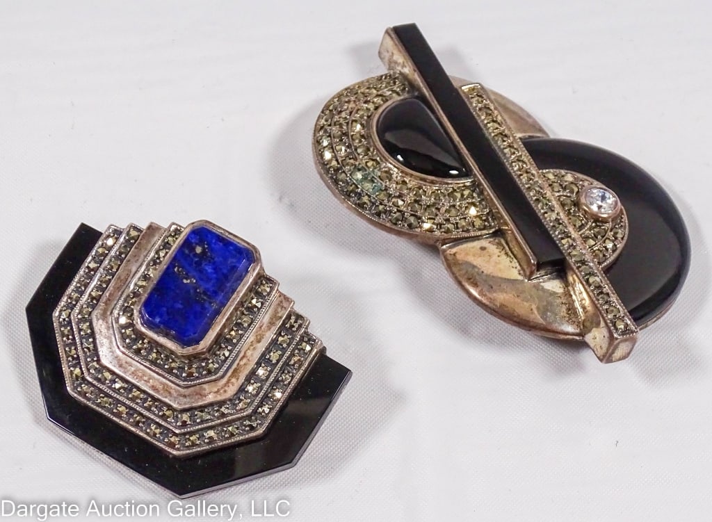 2 STERLING SILVER ART DECO MARCASITE BROOCHES: (1) 1.5"H x 2.5"W - 2 semi-circles connected off center - Sterling Marcasite & Rhinestone / (1) 1.5"H x 1.75"W Sterling marcasite and lapis lazuli/ ONLINE PAY MSG ****SEE TERMS AND CONDITIONS FOR SPEC