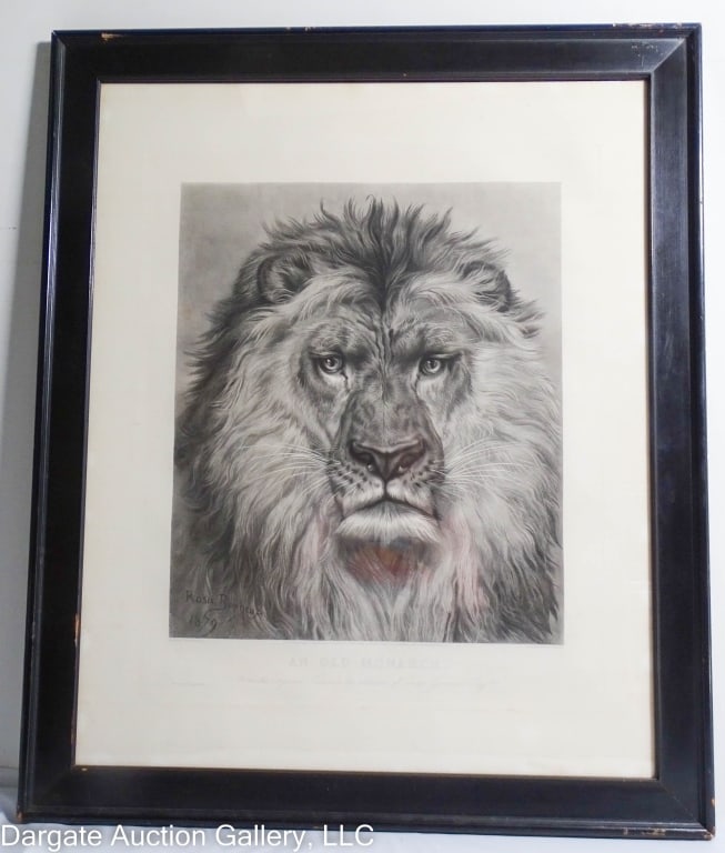 ROSA BONHEUR AN OLD MONARCH ENGRAVING: Original painting done by Rosa Bonheur (French, 1822-1899) titled "An Old Monarch" (Titled below the engraving) engraved by WH Simmons / Signed and dated lower left in plate [ROSA BONHEUR 1897] / set
