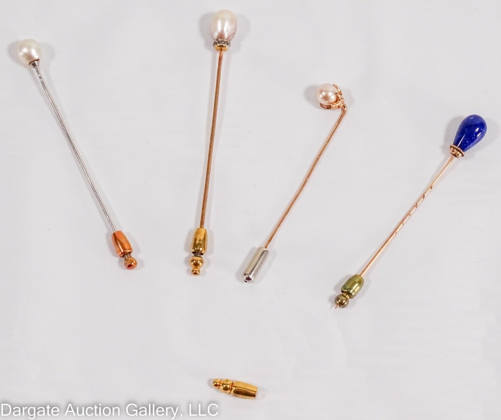 4 GOLD & PLATINUM STICK PINS: Includes: (1) 18k with tear drop shaped pearl (French eagle mark) 2.5"L 2.1g / (1) 14k with blue stone (tested) 2.5"L 1.7g / (1) Platinum & Pearl (tested) 2.75"L 2.1g / 14k rose gold, round pearl 2"L 