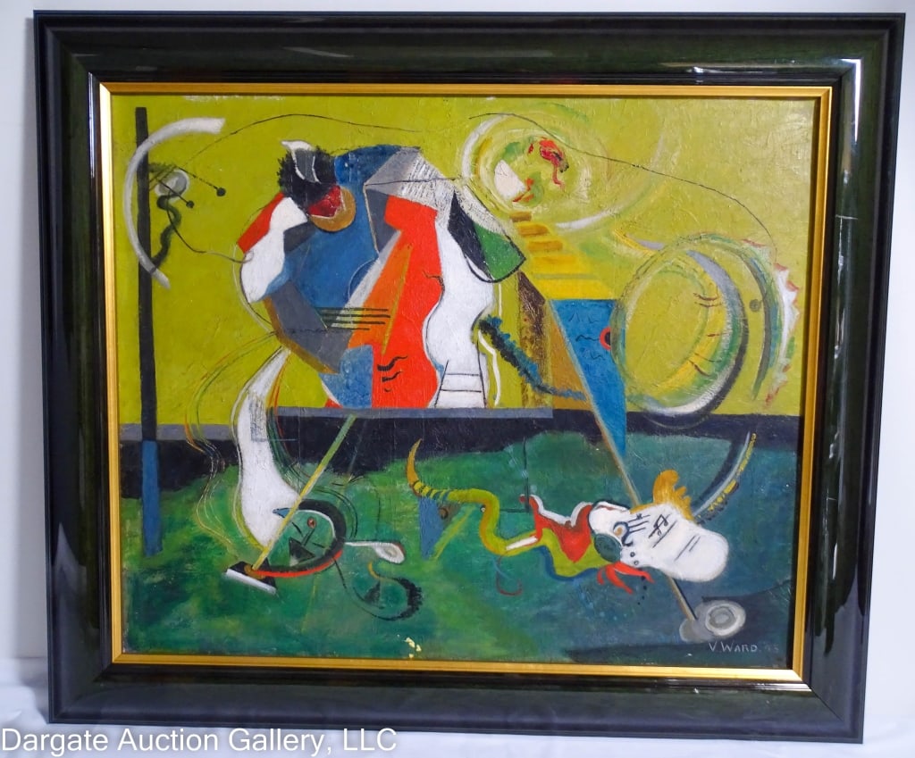 1945 VIRGINIA WAR OIL ON BOARD ABSTRACT: 1945 / Virginia Ward (American/Pittsburgh, 1889-198) Oil on board abstract composition / Signed and dated lower right "V Wood '45" / Set in green-tone wood rame / Visible Art Size: 19.5"H x 23.5"W / F