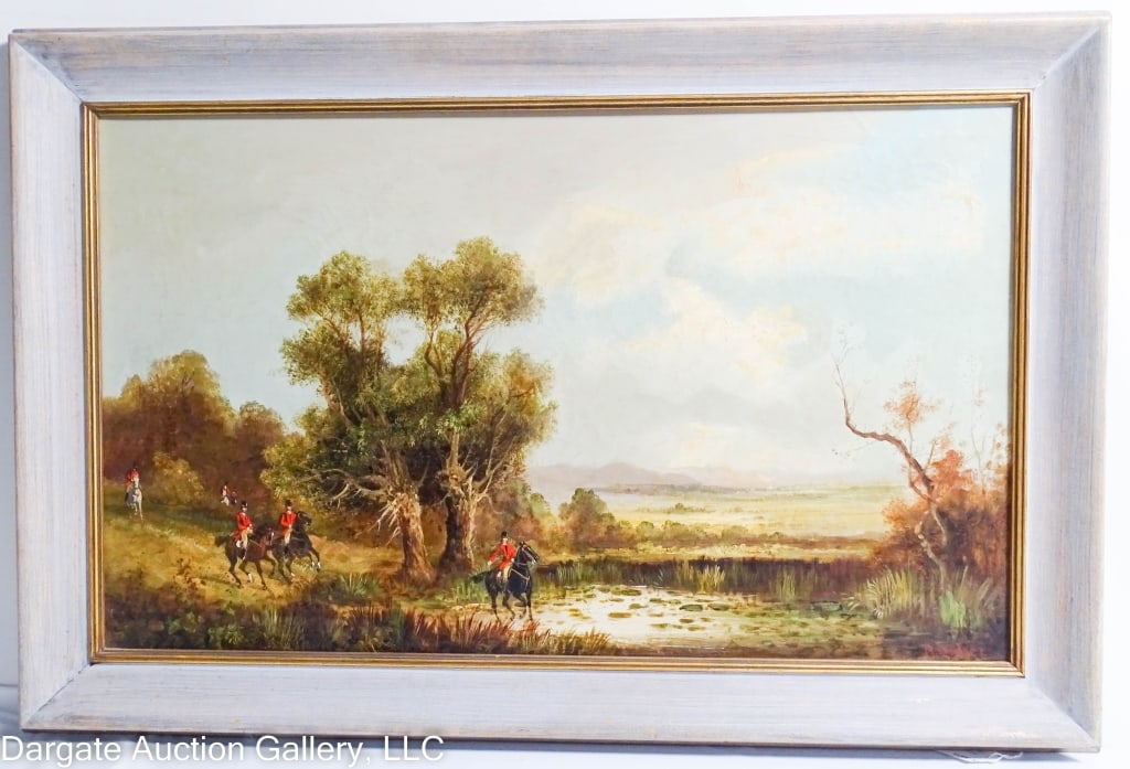 ROSALTHA KENT DIDIER OIL ON CANVAS FOX HUNT: Rosaltha Kent Didier (American/VA, 1887-1948) c early 1900's; Oil on canvas fox hunting scene of men on horseback riding into a water lily covered pond / Signed lower right [R DIDIER] / set in a grey 