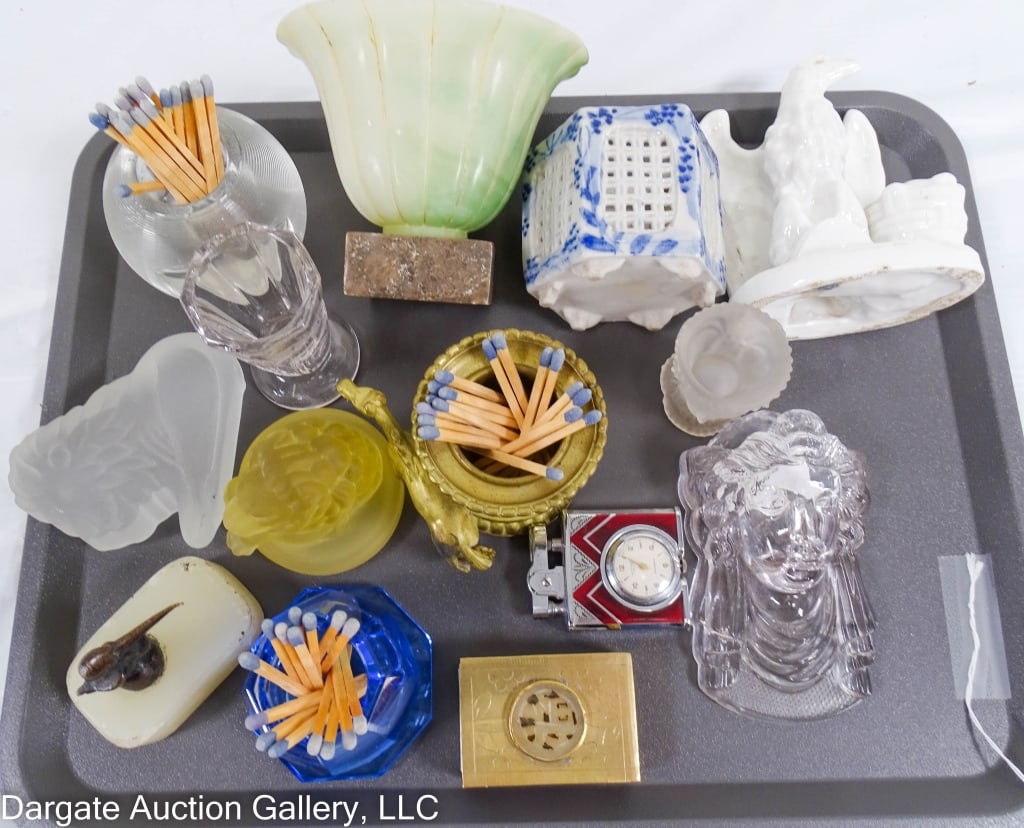 MATCH HOLDERS, PAPERWEIGHTS, DESKTOP RELATED: 14 Antique & vintage desktop related items. 6 match holders including Schweppes table waters, brass horse, blue glass with striker; 3 face Westmoreland Glass; 2 lion paperweights; an eagle pen holder