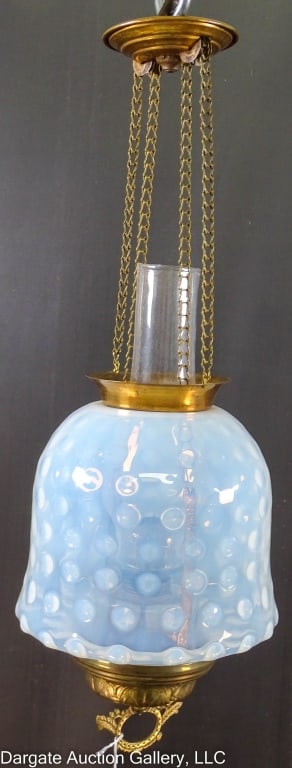 VICTORIAN HANGING LIGHT FIXTURE WHITE OPAL. SHADE: Nice Victorian hanging ceiling hall stair brass light fixture. All original glass oil lamp. Hobnail white opalescent shade. 14" top of chimney. Hangs 20" from ceiling. Shade is 7"H x 7.5" diam. 4" dia
