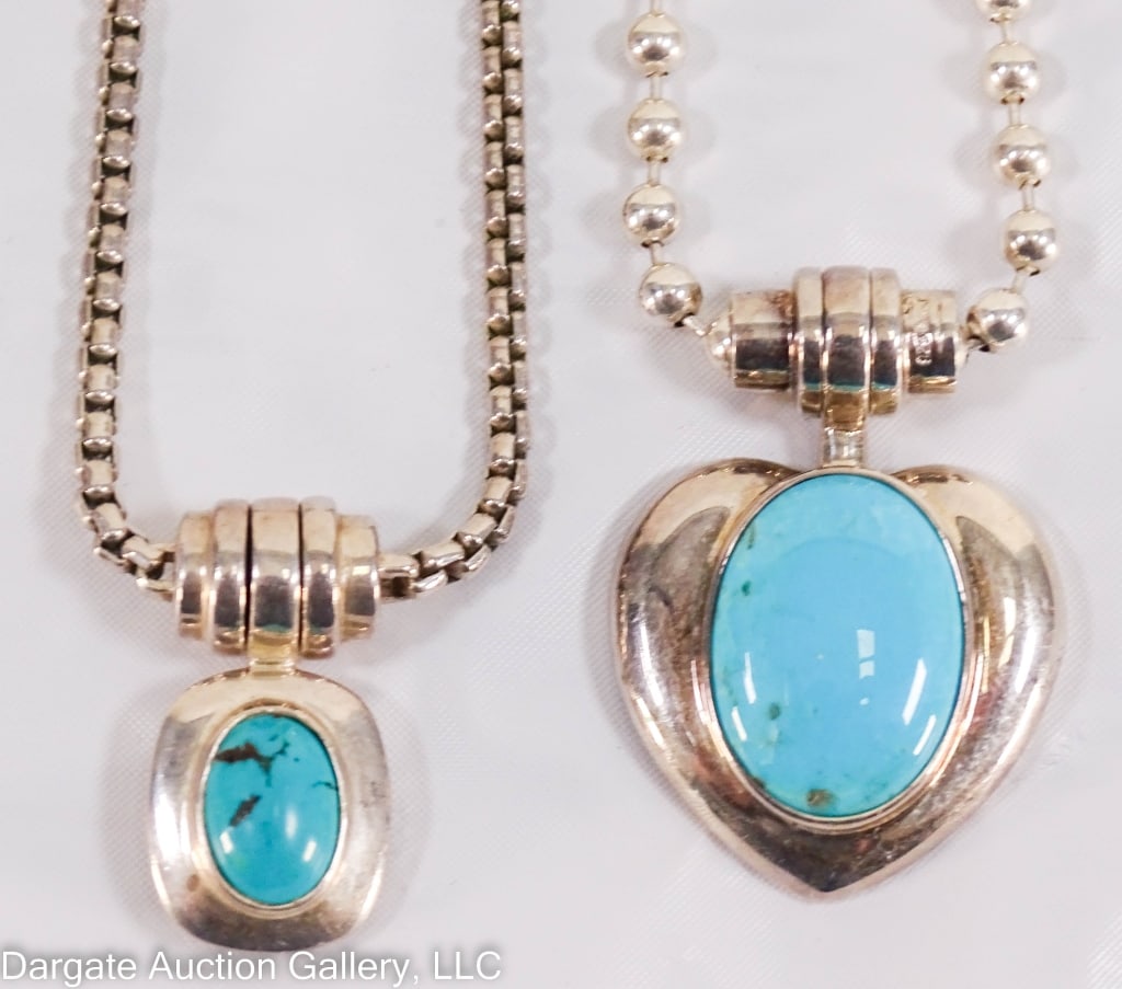 2 JOSEPH ESPOSITO STERLING & TURQUOISE NECKLACES: Includes: Ball chain necklace with heart pendant, set with an oval turquoise stone; Marked 925 ESPO SIG on back of pendant and on clasp; 20.5?L, 2? pendant, 46.22g / Sterling & Turquoise necklace, box