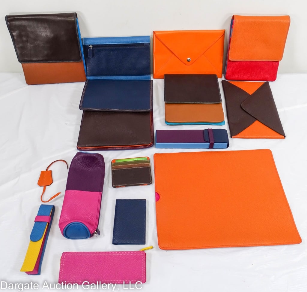 14 COLORFUL LEATHER ACCESSORIES INCL MYWALIT: Includes: (4) purses ( (1) - 10" x 8.5", (2) - 8.5" x8", (1) 8" x 7") / (1) Legal Size portfolio (13"H x 10"W) / (1) Large wallet (5.5"H x 8.5"W) / (2) Cigar holders (double & single) / (2) Pouches 7"