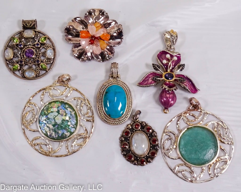 7 STERLING SILVER PENDANTS: Includes: (2) Roman Glass Co Sterling Silver Pendants [ISRAEL 925] / Whitney Kelly Turquoise Pendant [WK 925 CHINA] / Sterling Hibiscus flower with quartz and carnelian stamen [925 LT THAILAND] / Doug
