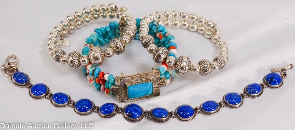 4 CAROLYN POLLACK STERLING SILVER BRACELETS: Includes: (2) Sterling silver ball cuff bracelets with Native American designed beads, marked 925 [MOON][R] / Sterling silver link bracelet, set with round lapis lazuli stones and toggle clasp, marked