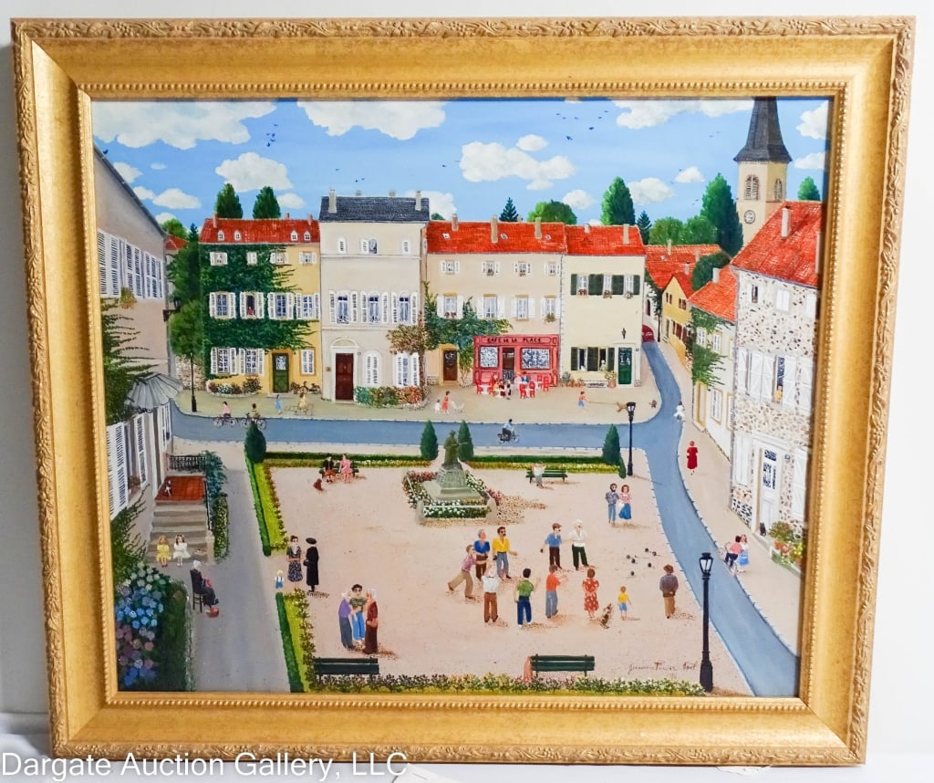 GENEVIEVE TERVER-NOEL OIL ON CANVAS TOWNSCAPE: c1986 / Genevieve Terver-Noel (Morocca, b. 1934) Oil on canvas American Primitive style painting of a townscape, featuring a town square with figures milling about / Signed lower right "Genevieve Terv