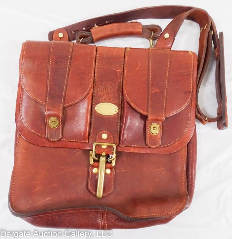 COL LITTLETON No 37 LEATHER SATCHEL: Colonel Littleton leather bag No 37 - flap front with 2 pouches and a brass buckle-like closure / Open pocket on body under flap; inside has 2 open pockets, 2 pen holders & 1 document holder; leather