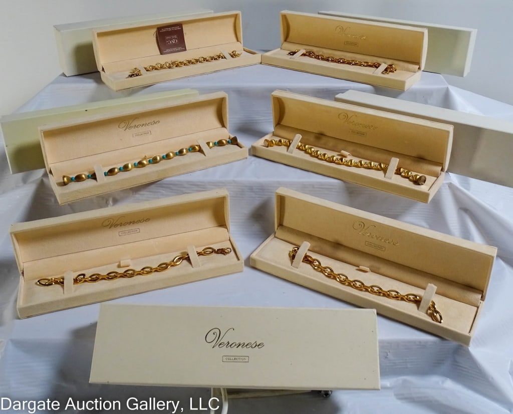 6 VERONESE STERLING SILVER VERMEIL BRACELETS: Includes: Veronese Collection Sterling Vermeil Double Link Chain Bracelet; marked 925 Italy; 8.5"L; 39.78g / Veronese Collection Sterling Vermeil Ball Link Bracelet with magnet clasp, marked 925 Italy