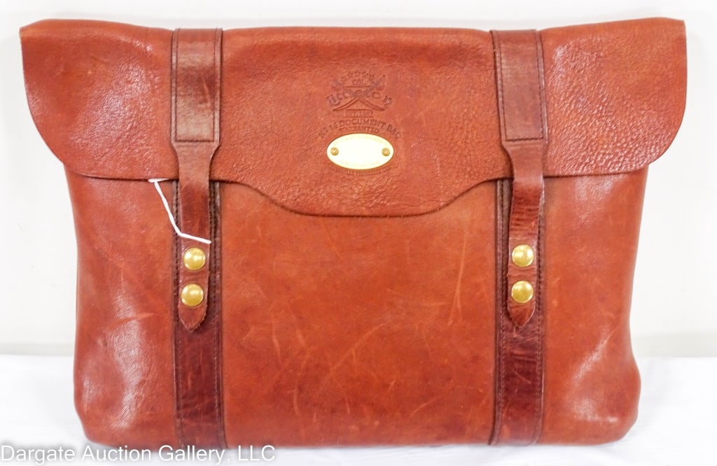 COL LITTLETON No 16 LEATHER DOCUMENT BAG: Colonel Littleton leather bag No 16 - flap front with 2 straps that snap closed, 2 snaps on each strap; Impressed "Col Littleton No 16 Document Bag" in leather / Inside is a vintage Casleigh french ta