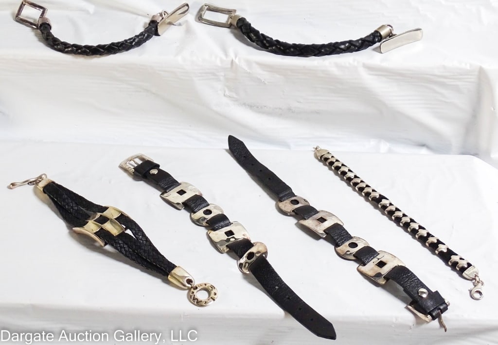 6 ROBERT LEE MORRIS STERLING & LEATHER BRACELETS: All are leather with Sterling accents, all marked RLM Studio 925 / Provenance: From the descendants of Lollie Oliver, Pittsburgh, PA/ ONLINE PAY MSG ****SEE TERMS AND CONDITIONS FOR SPECIAL PAYMENT RE