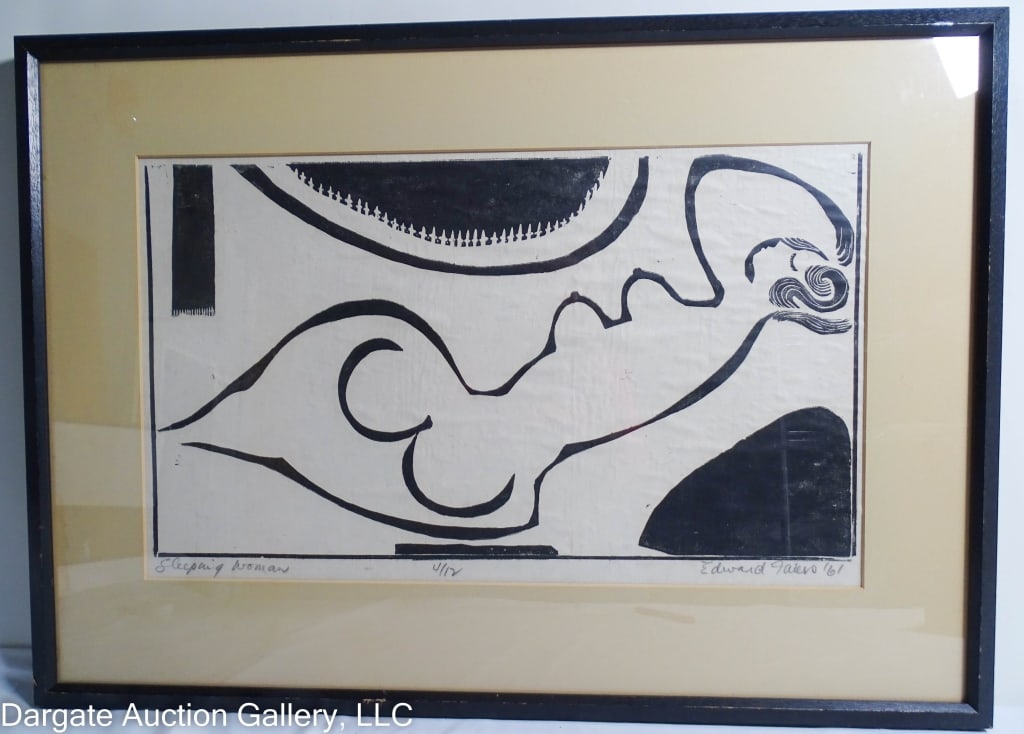 EDWARD TED FAIERS SLEEPING WOMAN WOODCUT: 1961 Edward "Ted" Faiers (Canadian-American, 1908-1985), Woodcut "Sleeping Woman" Abstract depicting a reclining woman / Numbered, Titled, Dated and Signed lower right - 4/12, "Edward Faiers", '61 / S