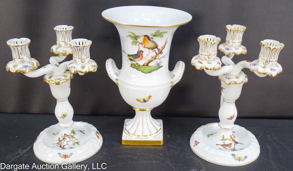 HEREND BIRDS & BUTTERFLIES URN & CANDELABARAS: Three pieces of Herend Birds & Butterflies: a hand painted urn and pair of candelabras. Marked [Herend Hungary Hand painted]. / Measures: 9.75 H x 6.25" W / Provenance: From the descendants of Lollie 