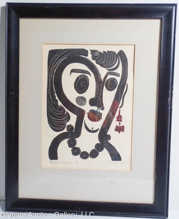 EDWARD TED FAIERS PENSIVE WOMAN WOODCUT: 1964 Edward "Ted" Faiers (Canadian-American, 1908-1985), Woodcut "Pensive Woman" Abstract depicting a portrait of a woman / Numbered, Titled, Dated and Signed lower right - 9/10, "Edward Faiers", '61 