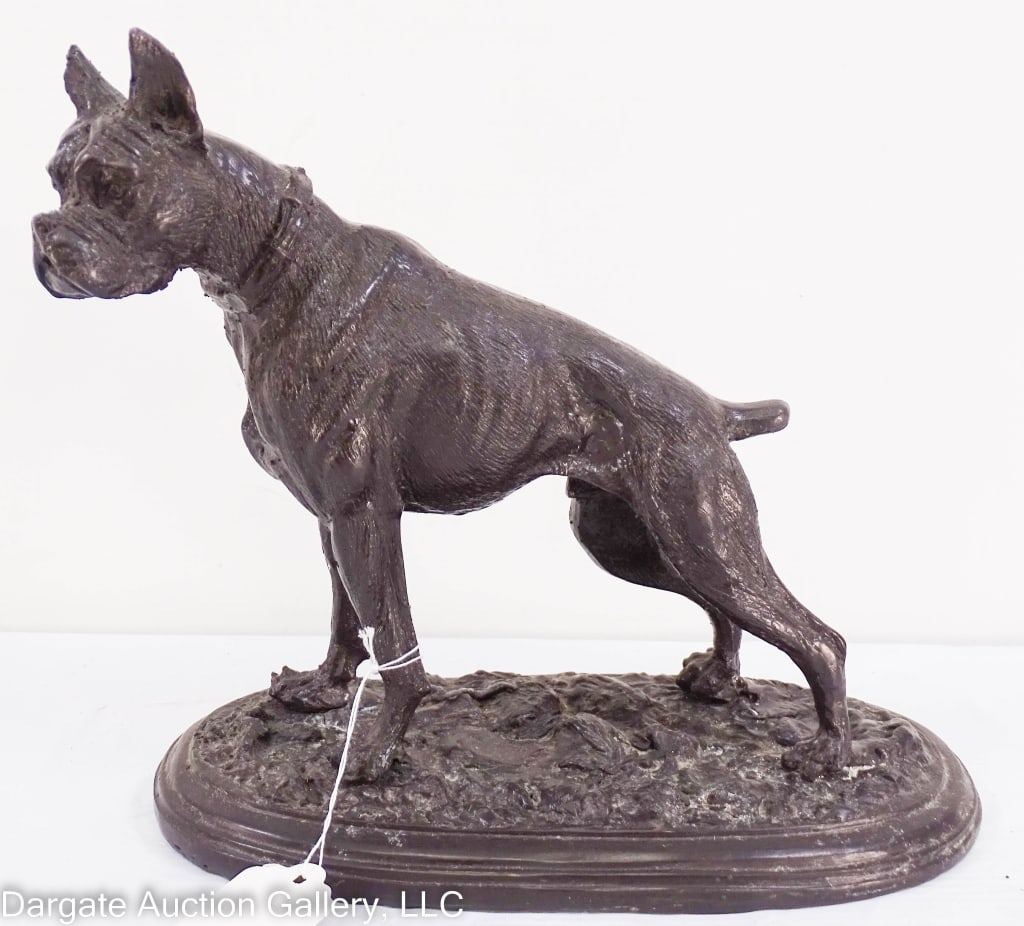 BOXER DOG BRONZE AFTER PIERRE JULES MENE: Bronze boxer dog marked Mene on oval base at back after Pierre Jules Mene. / Measures: 9.5" H x 5.5" W x 10.75" L / Provenance: From the descendants of Lollie Oliver, Pittsburgh, PA / Condition: Nice