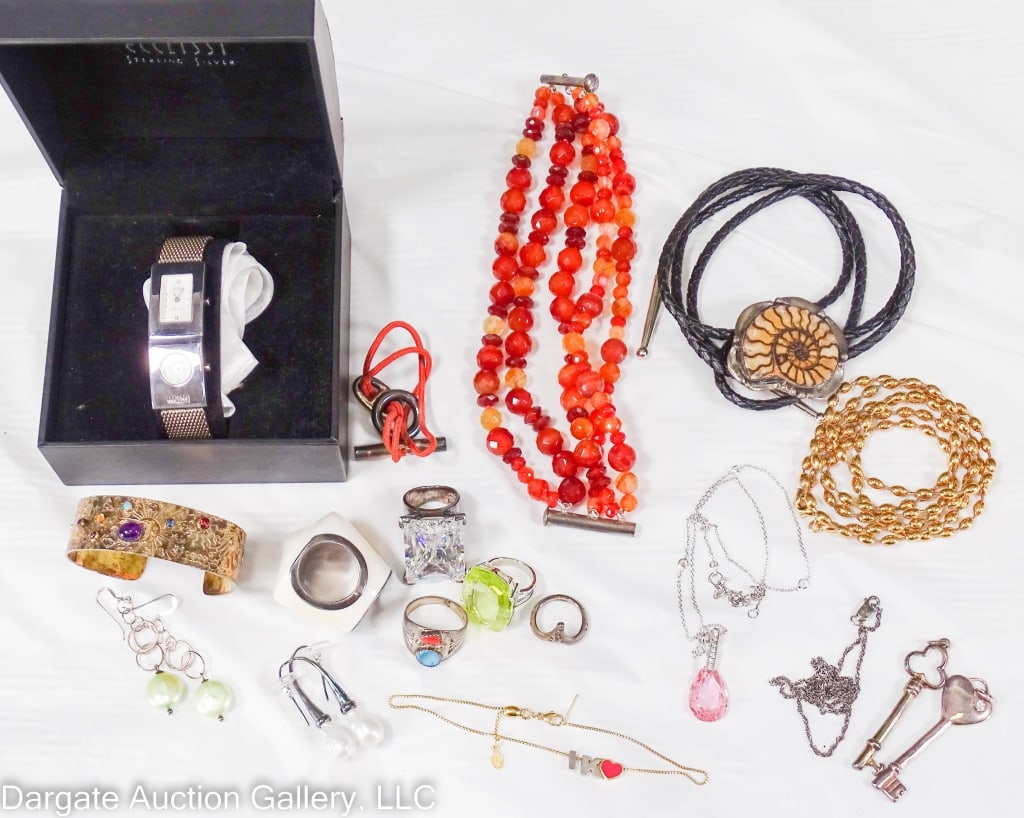 17pc ASSORTED STERLING JEWELRY: Includes (4) necklaces (2) skeleton keys (4) bracelets (5) rings (including a Native American with turquoise & coral and a Lena shell ring) (2) Pairs of earrings and (1) Ecclissi Sterling Watch / Weig