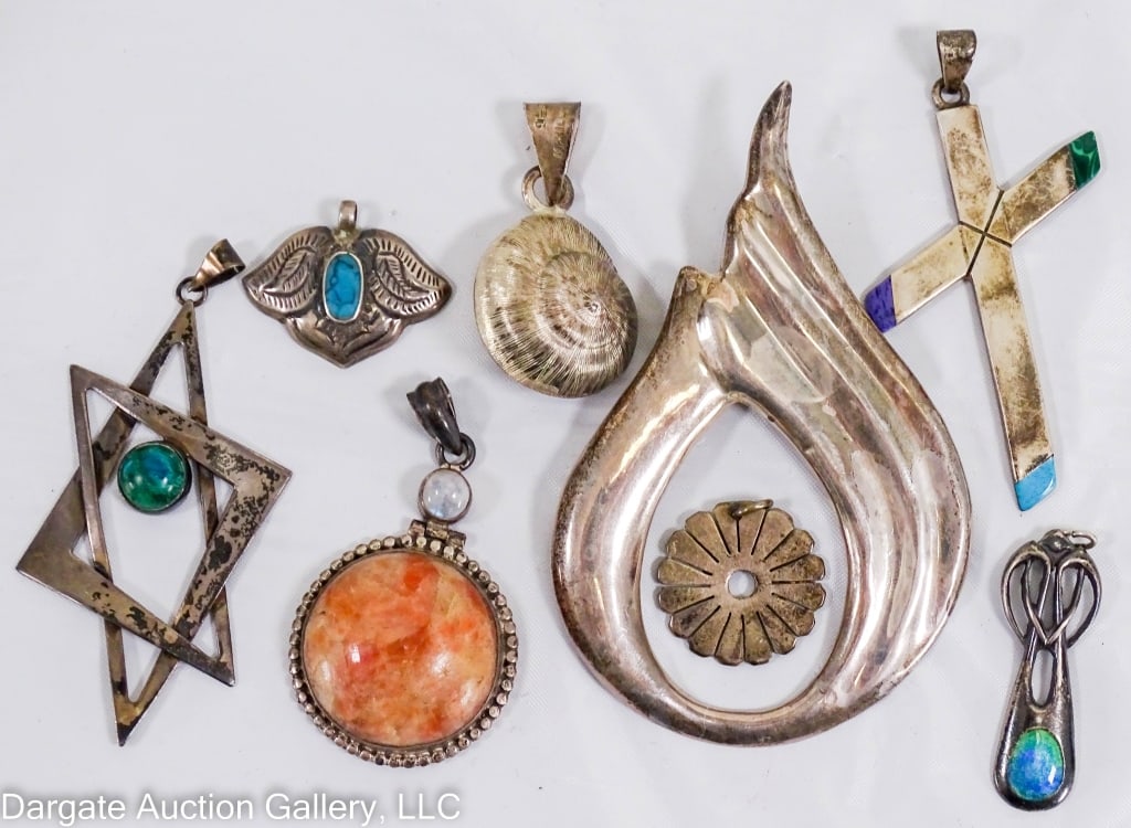 8 STERLING SILVER PENDANTS: Includes: (1) Star with malachite, 2.5" [ISRAEL 925] / (1) Flame pendant/brooch, 3.75" [MEXICO 925] / (1) Cross with purple & blue turquoise and malachite, 2.25" [MEXICO 925] / Round red aventurine an