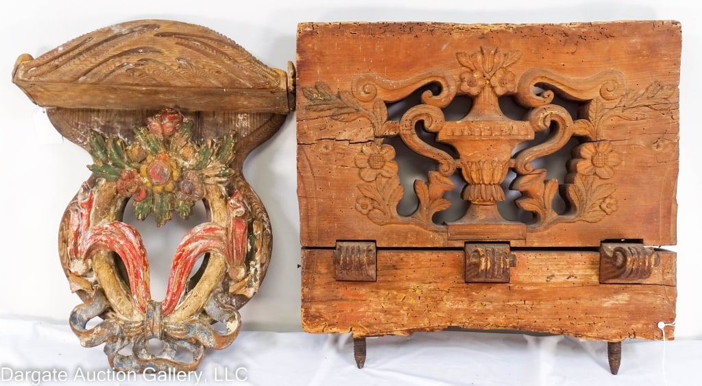 2 PCS ARCHITECTURAL SALVAGE PANEL AND WALL SHELF: An architectural salvage carved panel (18" x 20.75" x 5") Made of 2.5" thick wood with a design of a pierced carved floral urn in the center. Has had the finish stripped, has two iron screws protrudin