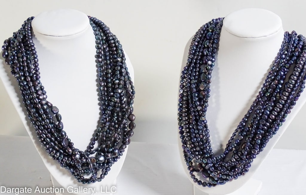 2 MULTI-STRAND HONORA STERLING PEARL NECKLACE: (2) Honora black freshwater pearl necklace. 10 strands of pearls with Sterling Silver clasp. Marked 925 H; Pearls approximately 4mm-8mm / Weight: ;0 / Measurements: 19.5"L / Provenance: From the desce