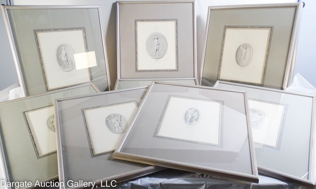 8 FRANCESCO BARTOLOZZI ENGRAVINGS AFTER CIPRIANI: Original artist: Giovanni Battista Cipriani (Italian, 1727-1785) Engraved by: Francesco Bartolozzi (Italian, 1727-1815) 8 Stipple engravings from the Victorian re-issue of the Duke of Marlborough?s ?G