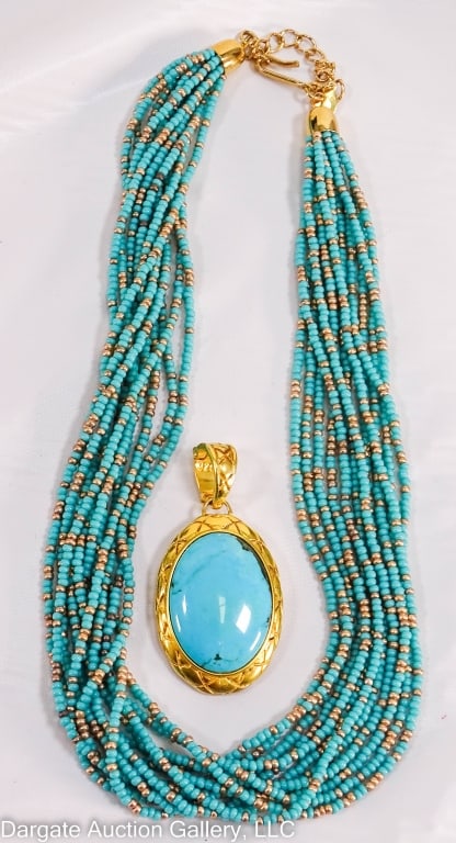 TURQUOISE NECKLACE & PENDANT NOLAN MILLER VERONESE: Nolan Miller 12-strand turquoise necklace with gold-tone beads, tag on chain marked ?NOLAN MILLER CHINA?; Veronese Sterling Vermeil pendant with a large turquoise stone. Signed in design of pendant on