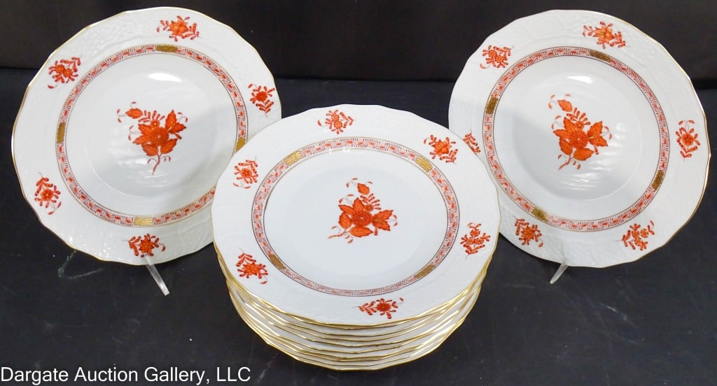 SET OF 12 HEREND CHINESE BOUQUET RUST SALAD PLATES: Set of 12 Herend Chinese Bouquet rust salad plates. Marked [Hand painted Herend Hungary]. / Measures: 8.25" D / Provenance: From the descendants of Lollie Oliver, Pittsburgh, PA / Condition: No chips,