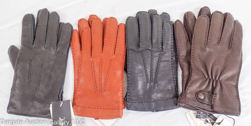 4 PAIR LEATHER AND CASHMERE GLOVES NWT: All 4 pairs are brant new with original tags still attached (Saks Fifth Ave & DKNY) - 2 black, 1 dark brown, 1 tan