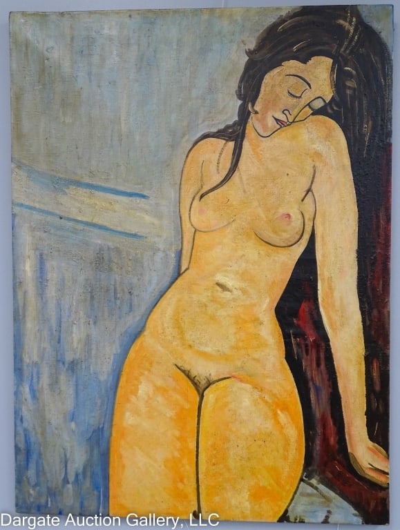 OIL ON CANVAS NUDE WOMAN AFTER MODIGLIANI: Unsigned early reproduction of Amedeo Modigliani's (Italian/French, 1884-1920) painting of a nude seated woman/ on stretcher, but unframed / Visible Art Size: 41.5"Hx 30.75"W / Condition: repaired tea