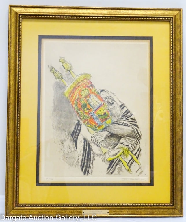 IRA MOSKOWITZ LITHOGRAPH RABBI HOLDING TORAH: Ira Moskawitz (Poland, 1912-2001) lithograph depicting a Rabbi holding the Torah / initialed lower right in the plate / pencil signed below pring - lower left [106/120] signed lower right / under glas