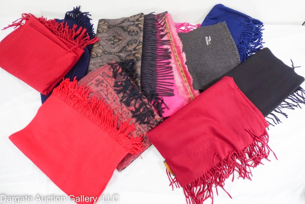 8 ASSORTED SCARVES & SHAWLS, INCLUDING CASHMERE: Includes: Rodier (Cashmere, silk, polyester) red / Jack Scotland burgundy cashmere / Saks Fifth Ave Black Cashmere / Chamtex Burgundy Cashmere / Renoma Paris Gray / Chamtex navy blue cashmere / Charve
