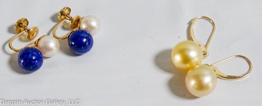 2 PAIRS 14K YELLOW GOLD PEARL EARRINGS: Includes: 14k yellow gold Akoya pearl and lapis lazuli screw back earrings; pearl - 7mm, lapis - 8mm; marked on screw back / 14k yellow gold South Sea pearl earrings 10mm, marked on earring back / Pro