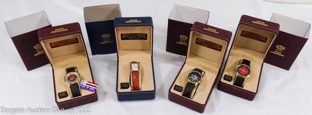 4 JULES JURGENSEN WATCHES IN BOXES: Includes: Police Model No 7531, Base Metal bezel, stainless steel back, quartz movement, black leather band // Fire Fighter Model No 7531, Base Metal bezel, stainless steel back, quartz movement, blac