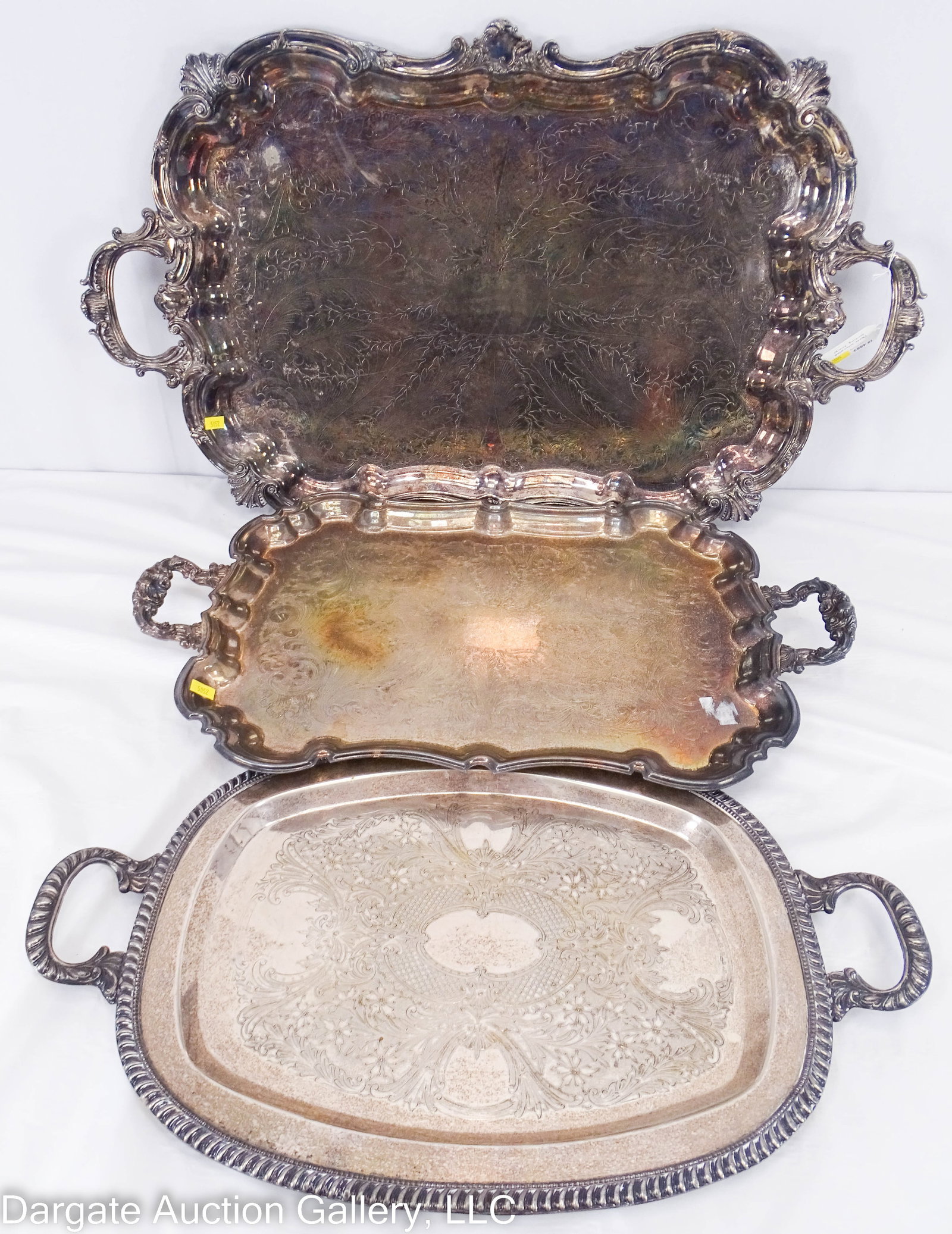 3 SILVER PLATE SERVING TRAYS: Various makers / Weight: Largest: 29"L x 17.75"W / Condition: Minor Wear, tarnished / ONLINE PAY MSG ****SEE TERMS AND CONDITIONS FOR SPECIAL PAYMENT REQUIREMENTS****