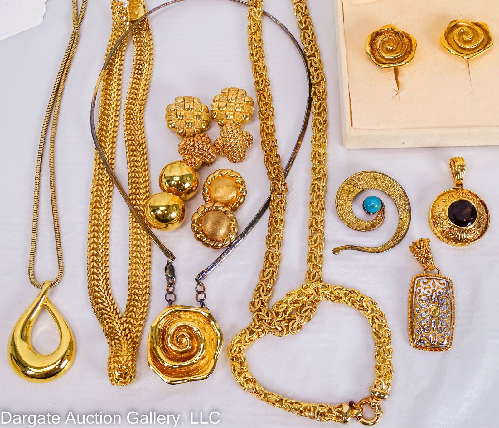 13pcs VERONESE GOLD WASH STERLING SILVER JEWELRY: Includes: 18”L Necklace with box clasp; 20”L snake chain necklace with tear drop pendant and lobster claw clasp; (5) pairs clip-on earrings; 20”L Necklace and matching 8”L brac