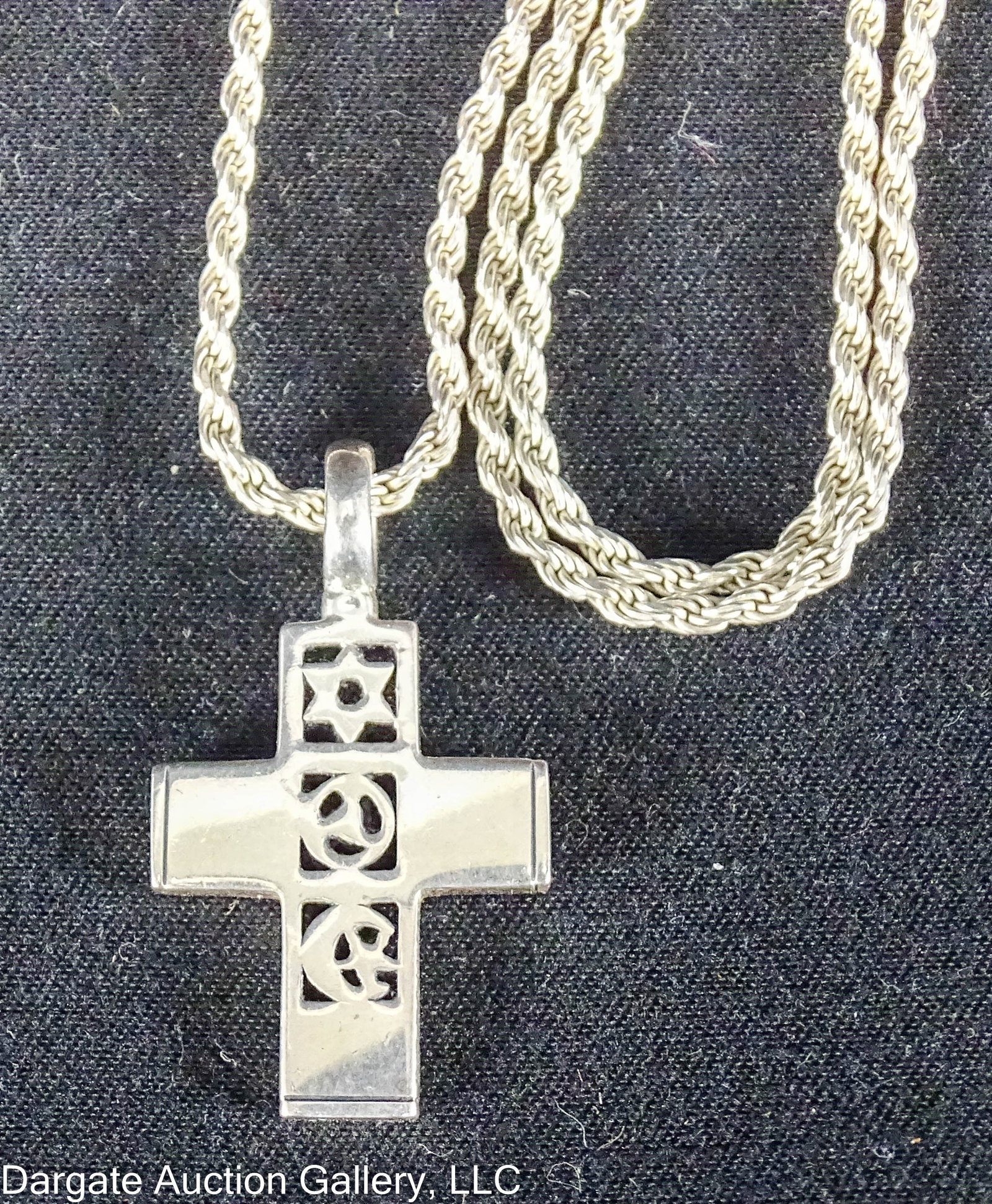 2001 B KIESELSTEIN CORD STERLING WORLD PEACE CROSS: 2001 Barry Kieselstein Cord World Peace cross pendant. Chain is 23" Milor Italy Sterling with lobster claw clasp. Cross pendant has mulitple religiou symbols on it. (1.25"H x .75"W) / Weight: Total Gr