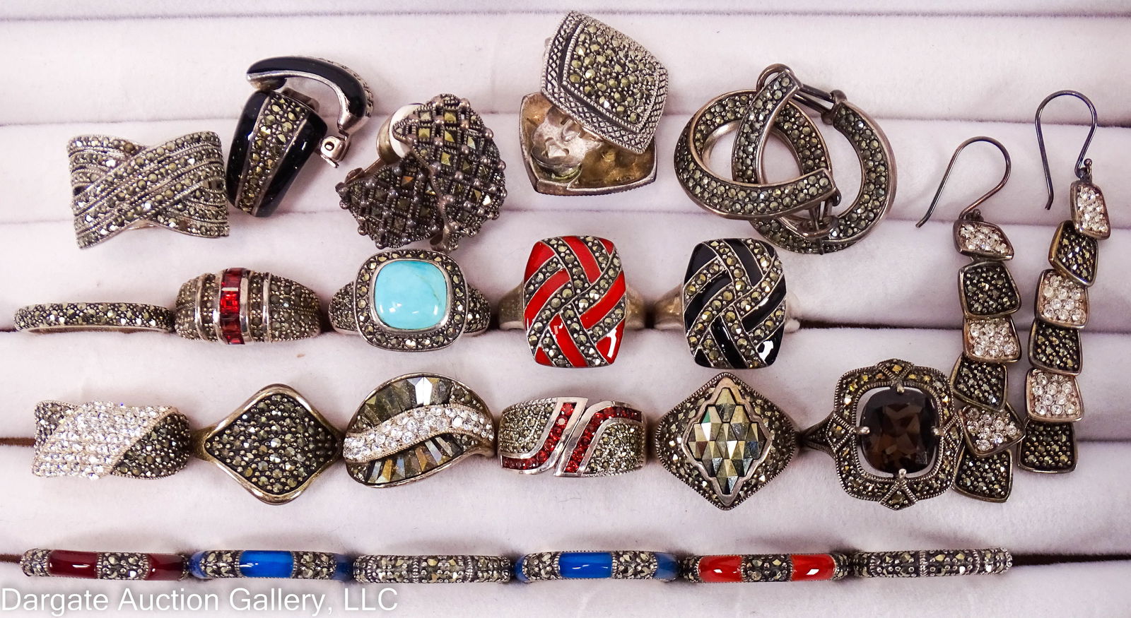 23pcs ASST STERLING & MARCASITE RINGS AND EARRINGS: Includes: Rings: (2) Size 10 with lapis lazuli [A925 THAILAND]; (2) Size 10 with Carnelian [A925 THAILAND]; (3) Sterling and marcasite, size 9 (2) and size 10 (1) [A925 THAILAND]; (1) Size 9 with oran