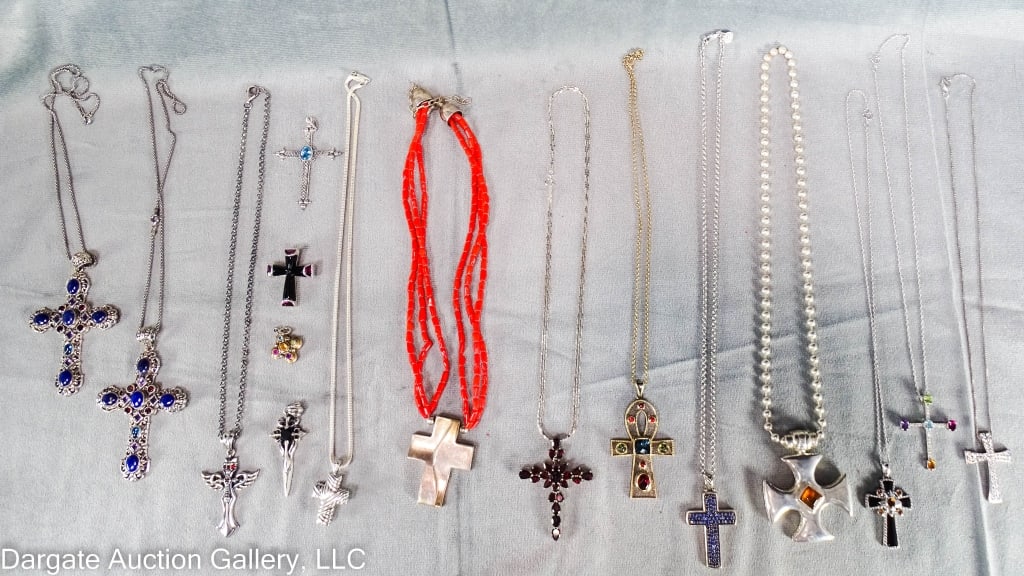 16 CROSS NECKLACES & PENDANTS INCLUDING STERLING: ALL MARKED [925]. Includes: 20” Joseph Esposito amber necklace, sterling beads & cross, snap front closure, [ESPO SIG], cross is 2” square; freeform cross on coral bead necklace, 17”