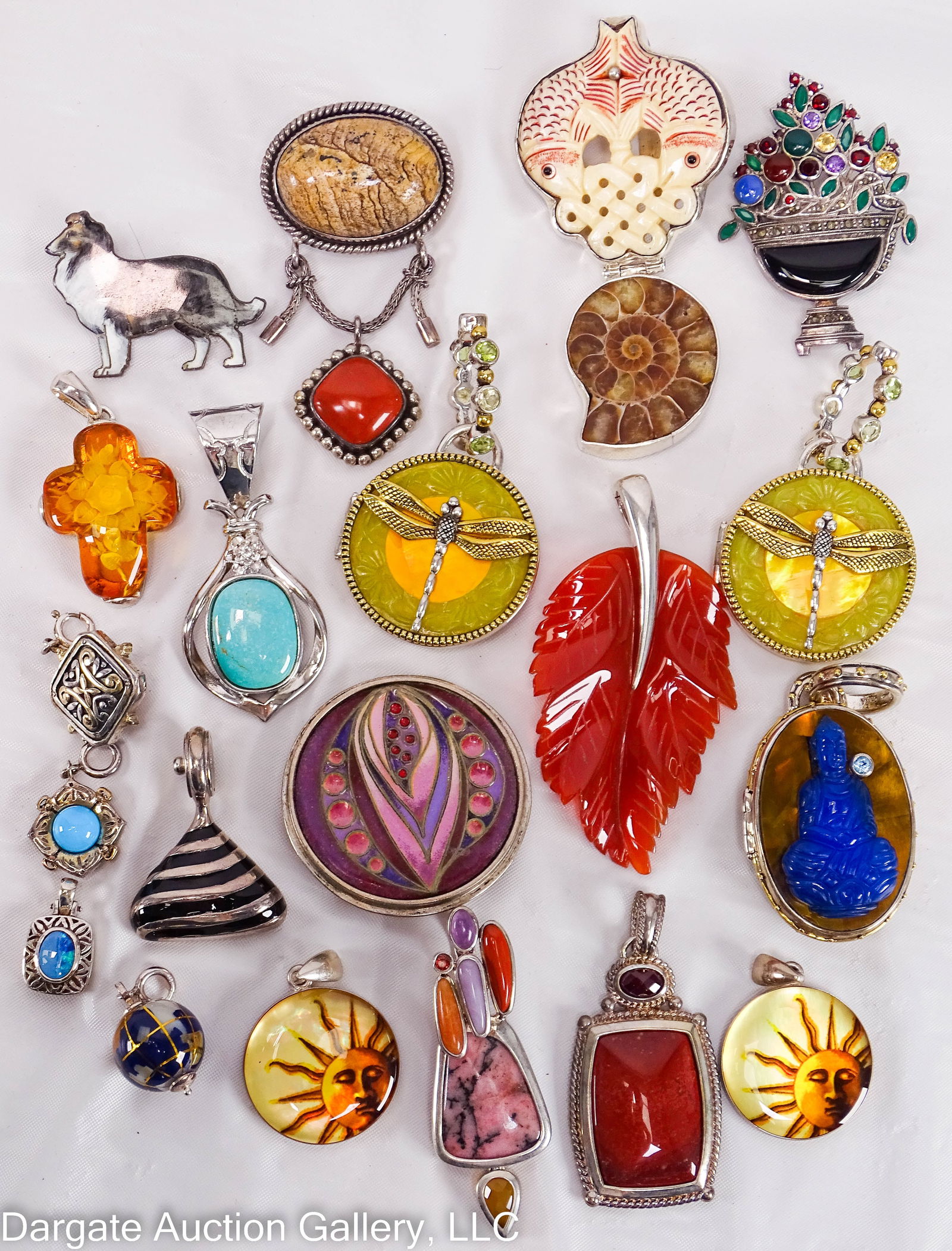 21 ASST STERLING PENDANT AND BROOCHES WITH STONES: Includes: (1) round enamel [STERLING FRAPPE]; (1) Turquoise [925]; (1) Whittney Kelly Carnelian [WK 925 CHINA]; (1) Joseph Esposito triangle snap pendant [925 ESPO SIG]; (2) Suarti Bali jasper & carne