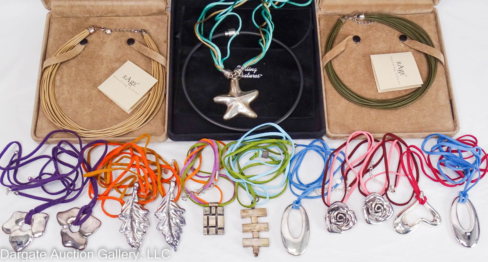 14pcs ASST STERLING NECKLACES WITH PENDANTS: Includes: (2) 17” Sterling floral pendants/brooches on velvet necklaces with lobster claw clasps (purple and pink)[ATI 925 THAILAND]; Joseph Esposito starfish pendant with 4 silk cords and snap