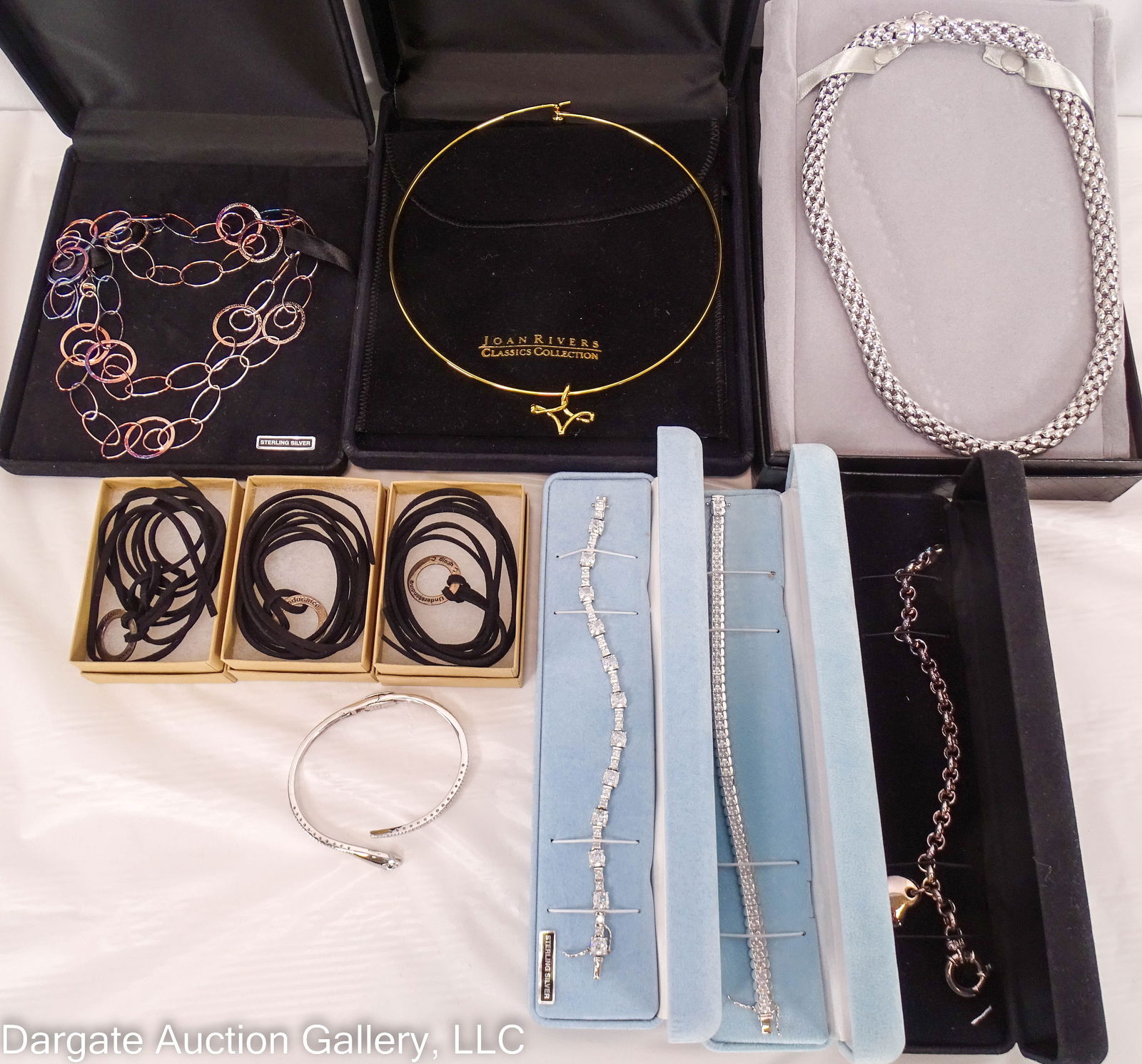 10pcs ASST STERLING SILVER JEWELRY: Includes: Finola hinged sterling snake cuff bracelet with sapphire eyes, 3”W [FINOLA 925 CHINA]; Sterling and cubic zirconia bracelet with box clasp [925 DQCZ THAILAND]; 20”L Wide (3/8&rdq