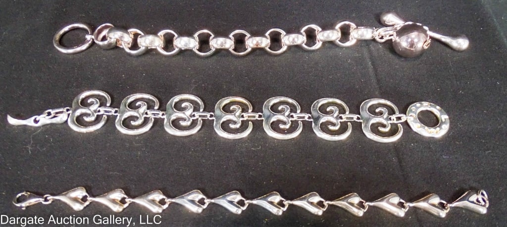 3 RLM STUDIO STERLING BANGLE BRACELETS: Robert Lee Morris Studio Sterling bracelets in original boxes - 8" large link with large ball, 7" Fertility link bracelet with toggle clasp (marked on edge of link near toggle bar), 8” heart lin