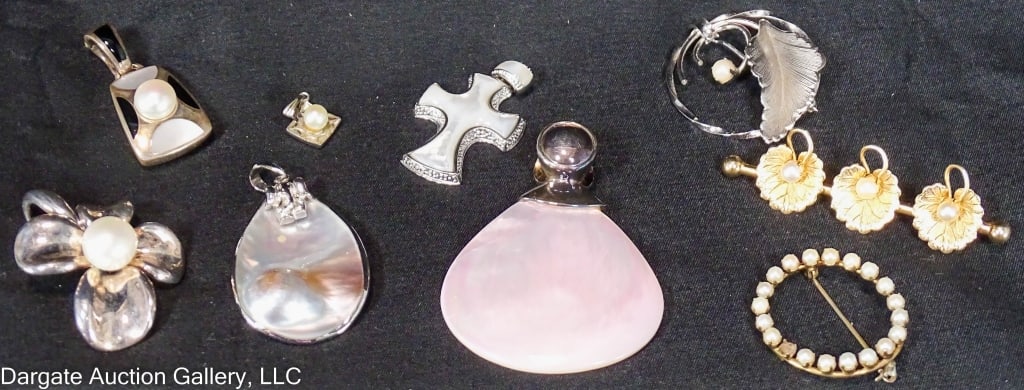 9pcs ASST PEARL PENDANTS AND PINS: Includes: Rage Sterling Mother of Pearl pendant [RAGE 925 CHINA]; Sterling Elephant mabe pearl; CR Co Sterling circle leaf brooch with seed pearls [STERLING CR CO]; Ann King Sterling and pearl pendant