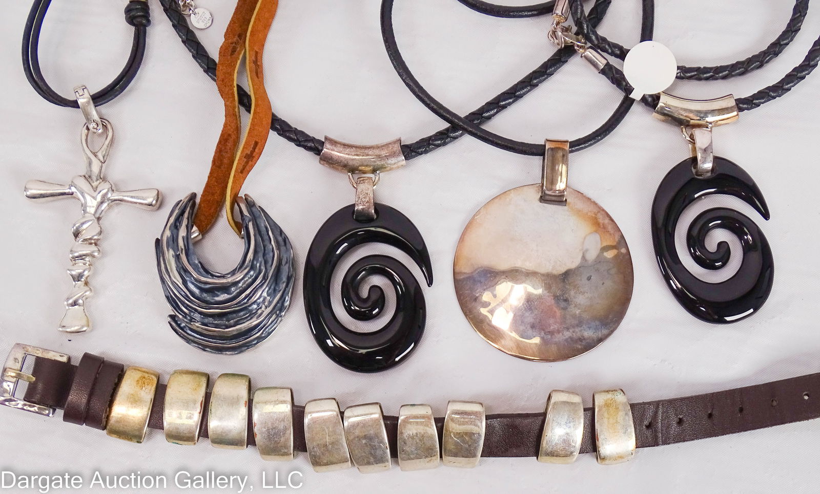 6pcs ASST RLM STUDIO LEATHER JEWELRY incl STERLING: Robert Lee Morris Studio Leather Jewelry includes: 9” brown leather bracelet with sterling links around leather; (2) 16” braided black leather necklace with sterling clasp and black glass