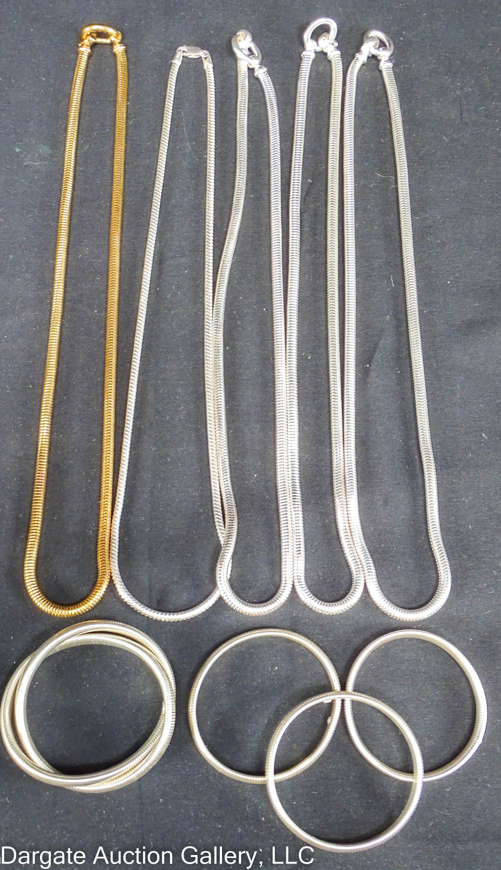 9 ASST STERLING SNAKE CHAIN NECKLACES & BRACELETS: Includes: (3) 23" Silvertone Milor Italy Sterling Snake Chain [925]; (1) 23" Goldtone Veronese Sterling [925 V]; (3) Semi-stretch bangle bracelets 2.25" diameter [925]; (1) Double bangle 2.25" diamete
