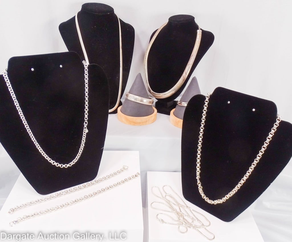 9 FINE SILVER NECKLACES AND BRACELETS: All marked [999] Includes: 20" necklace, with lobster claw clasp; 23" necklace, with lobster claw clasp; 17" box chain necklace, lobster claw clasp; 19.5" box chain necklace, lobster claw clasp; 48" b