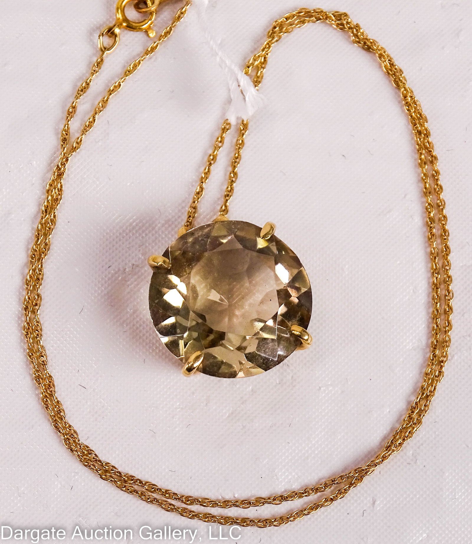 14k YELLOW GOLD 13ct SMOKY QUARTZ PENDANT NECKLACE: 14k yellow gold chain and pendant; Round cut smoky quartz, estimated 13.5ct, 3.9g, marked [14k]; on a 15"L yellow gold chain, 0.9g, marked [SRC 14KG] / Weight: Total Gross Weight: 4.8g / Measurements: